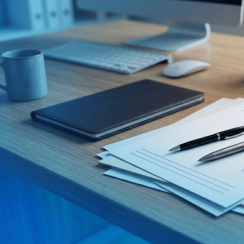 A close-up of a modern wooden office desk featuring a black notebook, a stack of papers with two pens, a coffee mug, and a computer keyboard in the background, all bathed in a cool blue light.